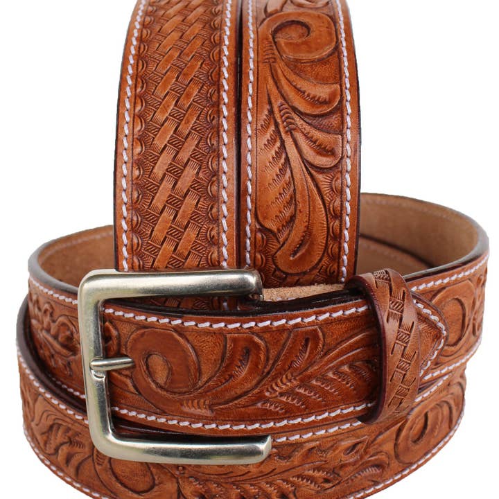 Tan 1.5" wide Western Heavy Duty Men Women Genuine Leather Belt Brown 2646RS for wholesale on Faire