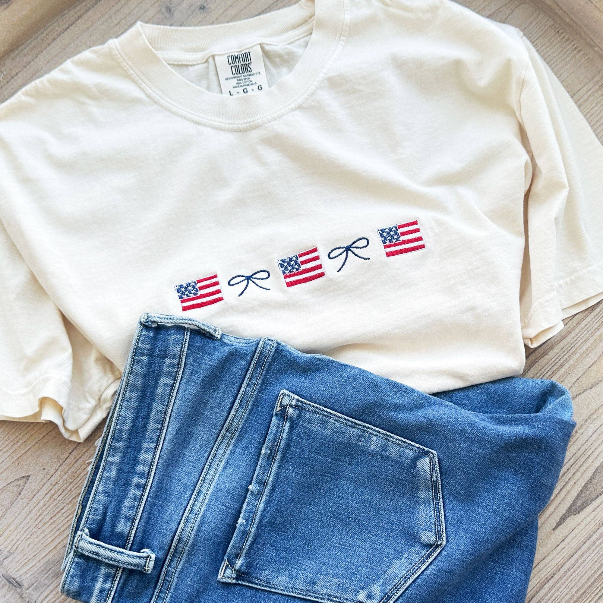 Arden & Gold - Wholesale T-Shirt - Women's - American Flag and Dainty Bow Embroidered Comfort Colors T-Shirt8