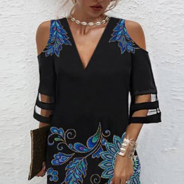 Mini-robes amples à manches courtes et à imprimé floral en maille creuse et épaules dénudées pour la vente par UZ Wholesale Store