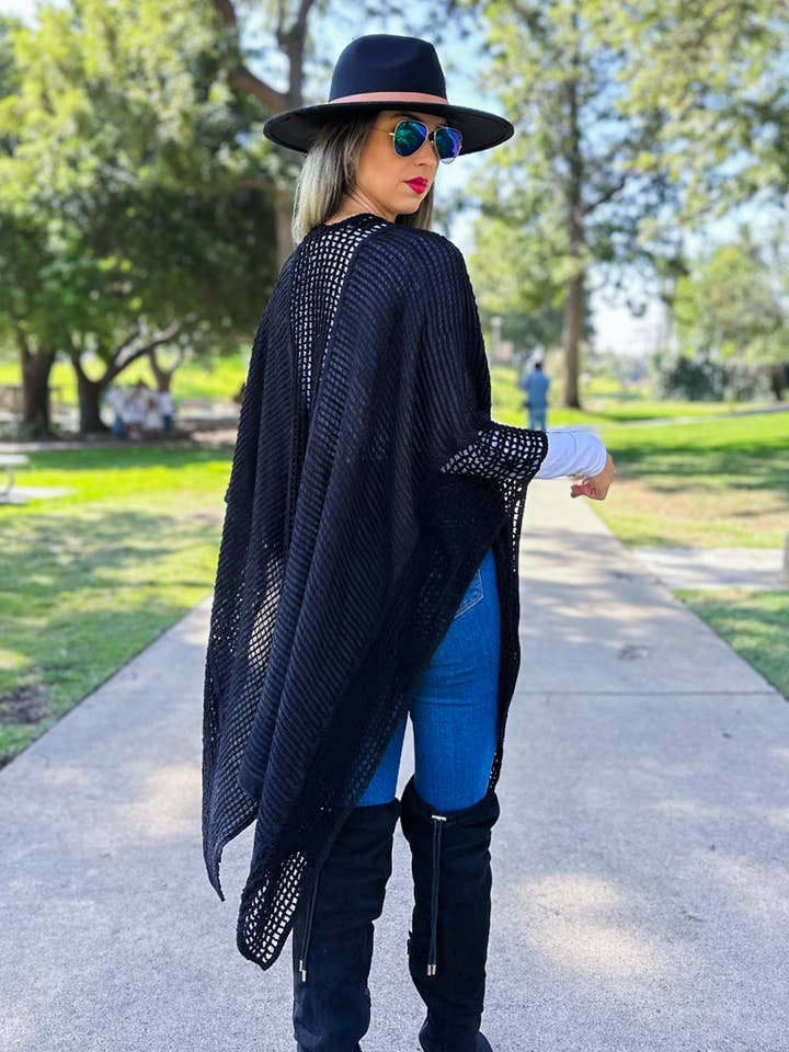 Black 3D Texture Lace Knit Detail Soft shawl Kimono Cardigan for wholesale on Faire4