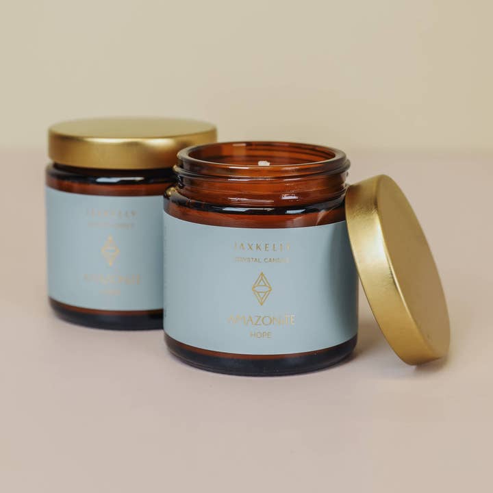 JaxKelly Candles - Wholesale Jar/Filled Candle - 4oz Amber Crystal Candles - Amazonite - Hope0