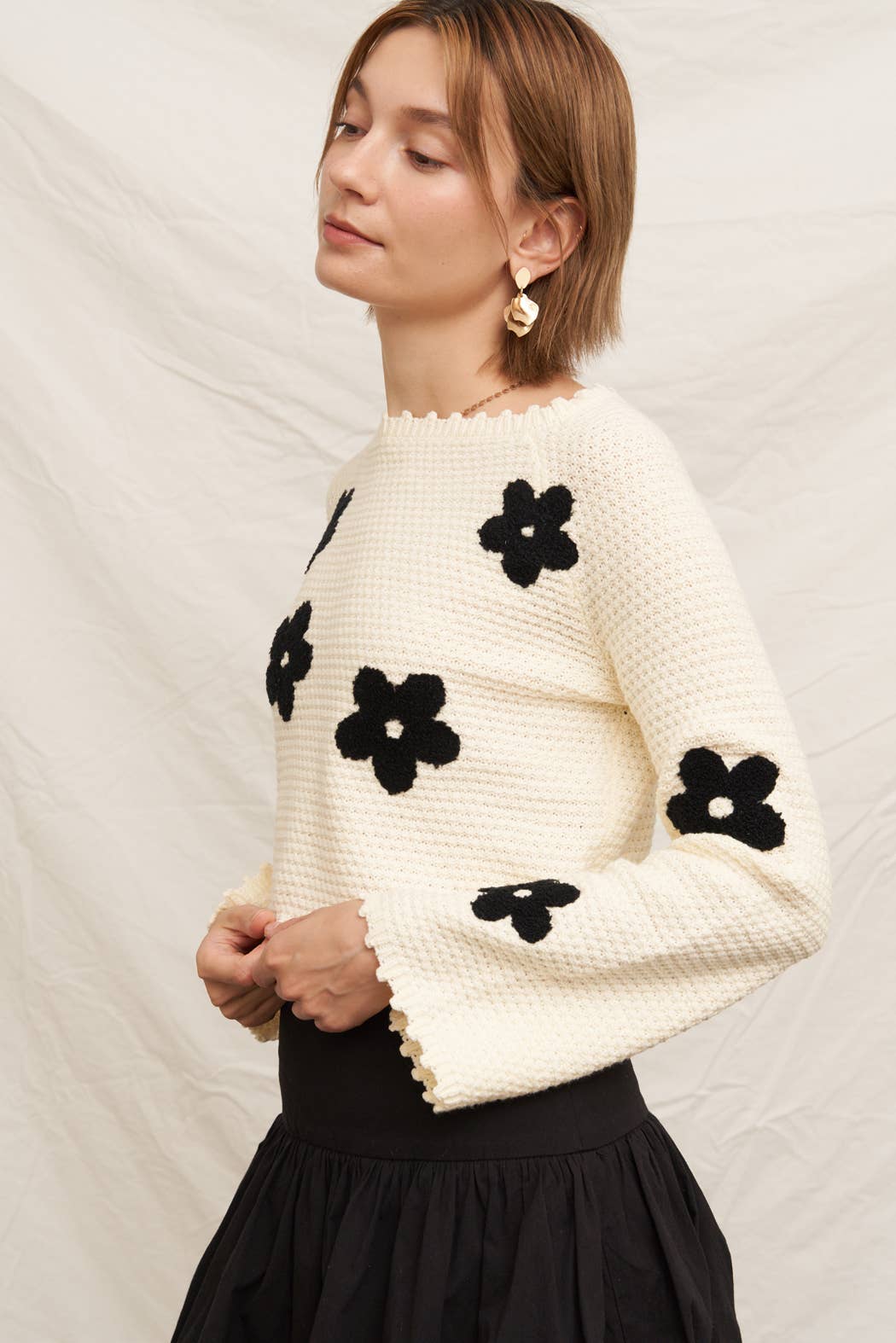 Noir crème Pull en maille à motif floral raccourci en vente sur Faire2