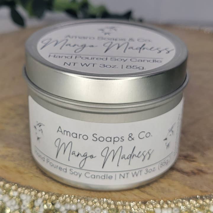 Mango Madness Soy Candle Tin for wholesale by Amaro Soaps & Co.