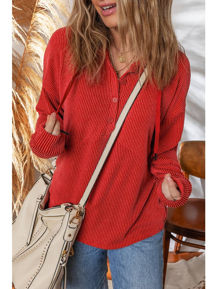 Racing Red Corded Knit Half-Button Collared Top for wholesale on Faire3