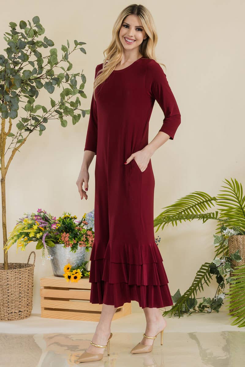 Celeste Clothing – Großhandel Kleid – Damen – Großgrößen-Midikleid mit gestuften Rüschen und 3/4-Ärmeln14