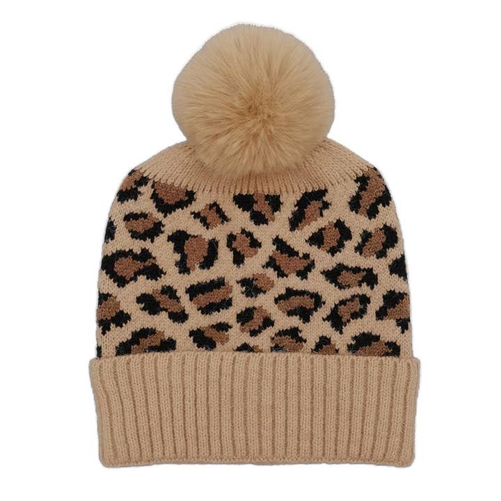 PinktownUSA - Wholesale Beanie - Women's - Camel Leopard Pom Beanie1