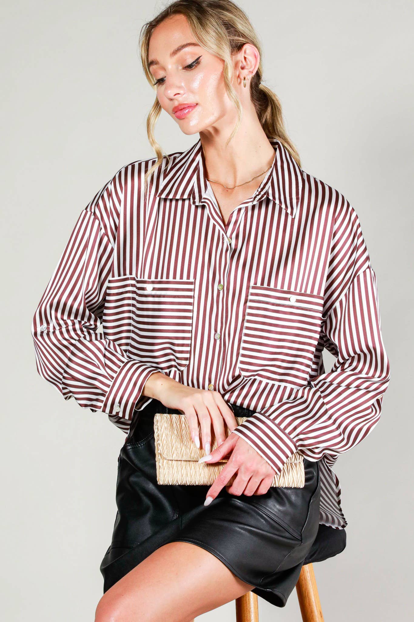 Vine & Love - Wholesale Button Down Shirt - Women's - Collar Neckline Pocket Detail Striped Satin Shirt VT8131415