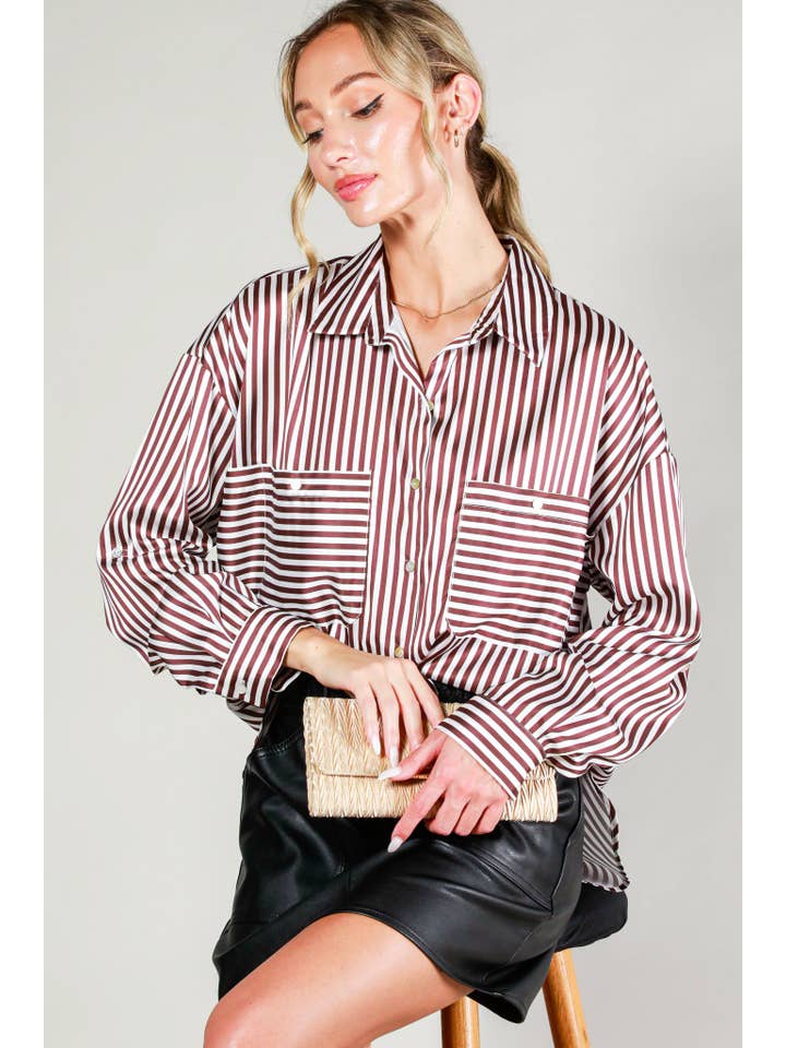 Vine & Love - Wholesale Button Down Shirt - Women's - Collar Neckline Pocket Detail Striped Satin Shirt VT8131415