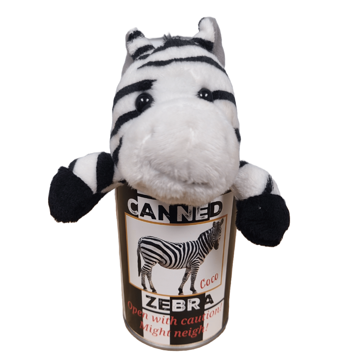 Canned Gifts – wholesale Fyllda/plyschleksaker - Barn och baby – Coco the Canned Zebra - Fylld djurplysch med roliga skämt3