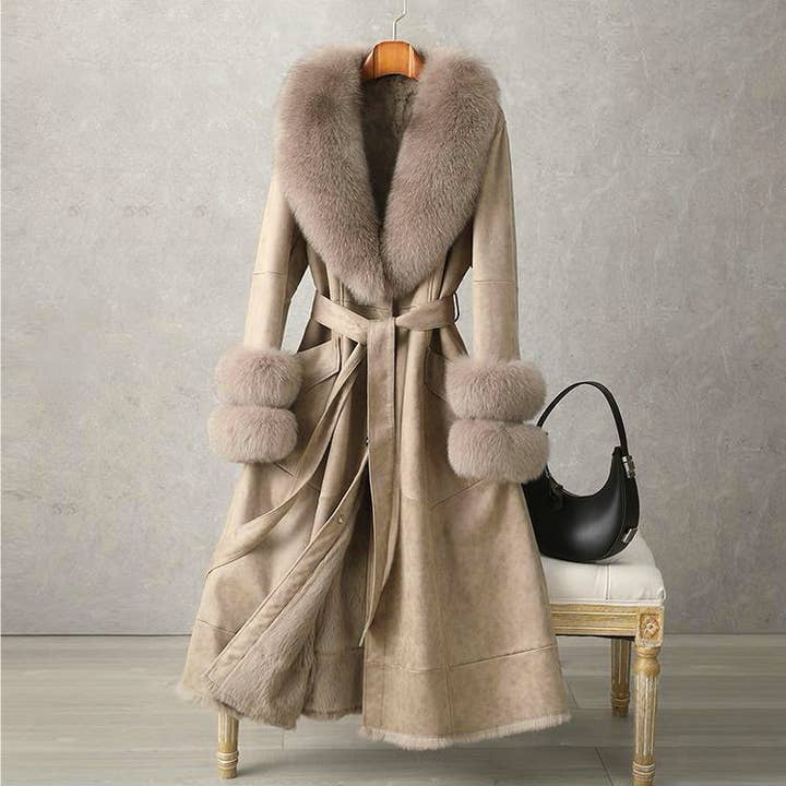 CT074Y Elegant Mid-Length Faux Fur Coat with Fox Fur Collar for wholesale by Productseeker