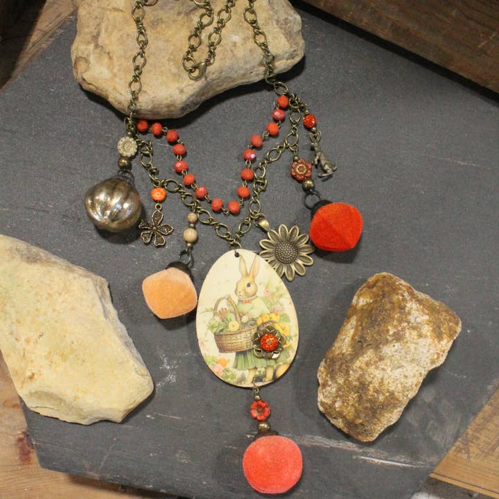 Flower Garden Orange Parfait Bunny Charm'd Necklace for wholesale by The Primitive Peddler, Inc.