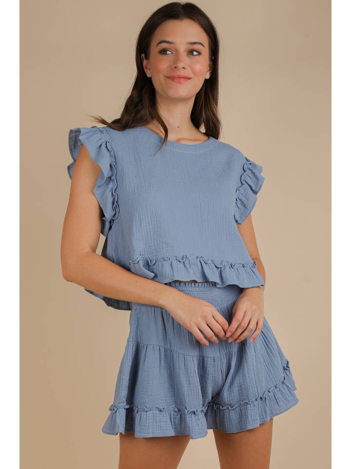 VERY J - Wholesale Top & Short Set (NOT Loungewear) - Women's - NT12150SET-Ruffled Solid Woven Top & Shorts Set29