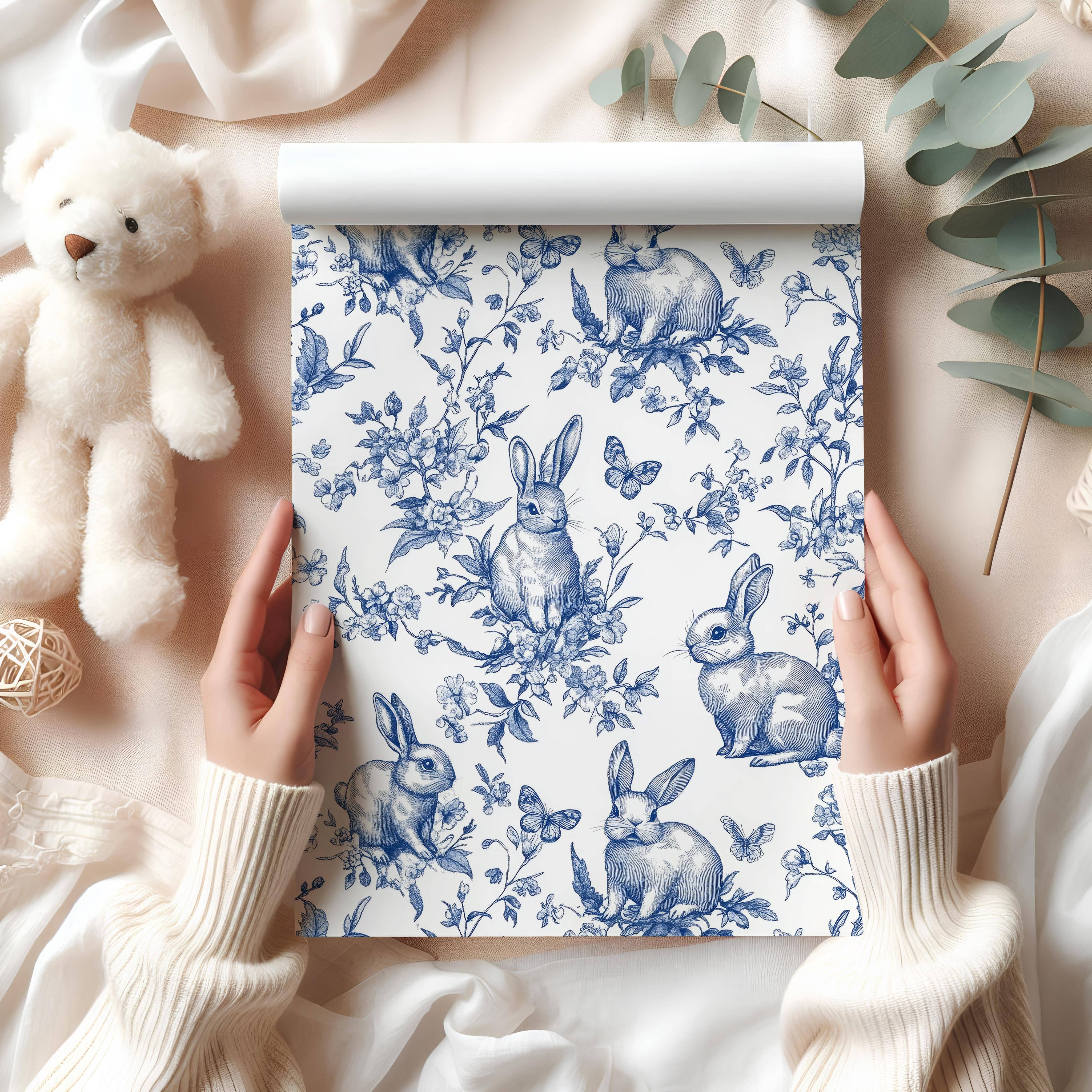House of Binky – wholesale Flat wrap – Blue Floral Bunny Wrapping Paper – Peter Rabbit Style Gift Wrap with Vintage Woodland Illustration2