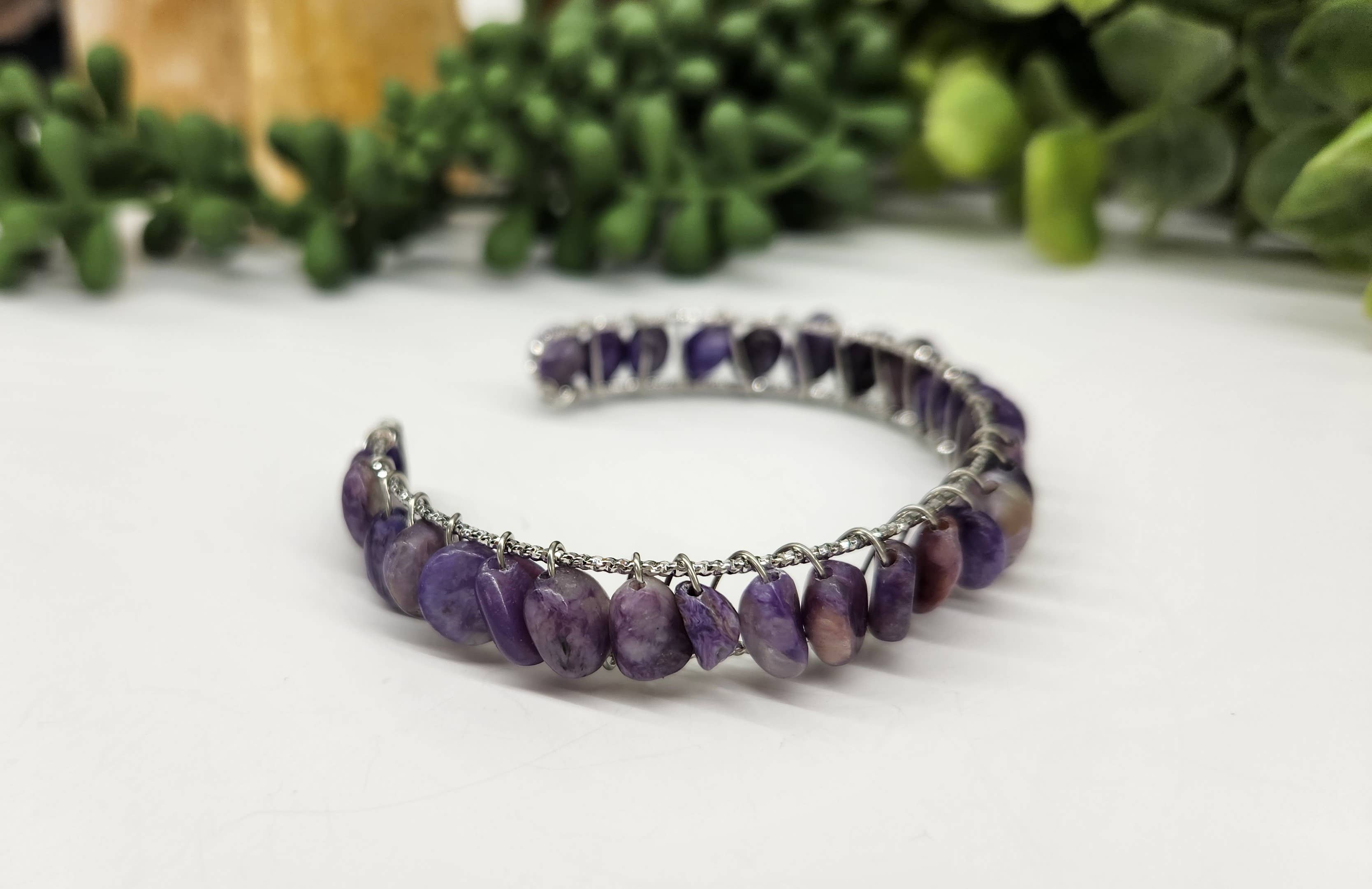 Meraki Gemstones - Wholesale Cuff Bracelet - Charoite Bangle/Cuff WireWrapped Bracelet-18kt. Gold Overlay1