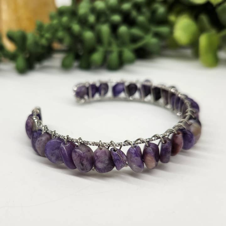 Meraki Gemstones - Wholesale Cuff Bracelet - Charoite Bangle/Cuff WireWrapped Bracelet-18kt. Gold Overlay1