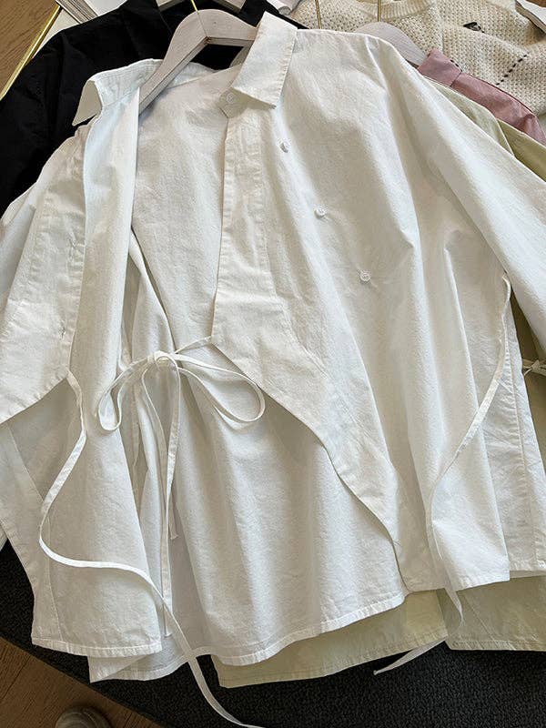 VividLux – Engroshandel Skjorte med buttondown – til kvinder – Uregelmæssig klipning med lange ærmer med snørebånd i ensfarvede reversbluser19