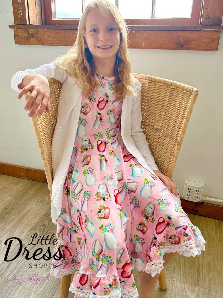 Flower Pots and Water Jug Twirly Dress for wholesale by Little dress shoppe