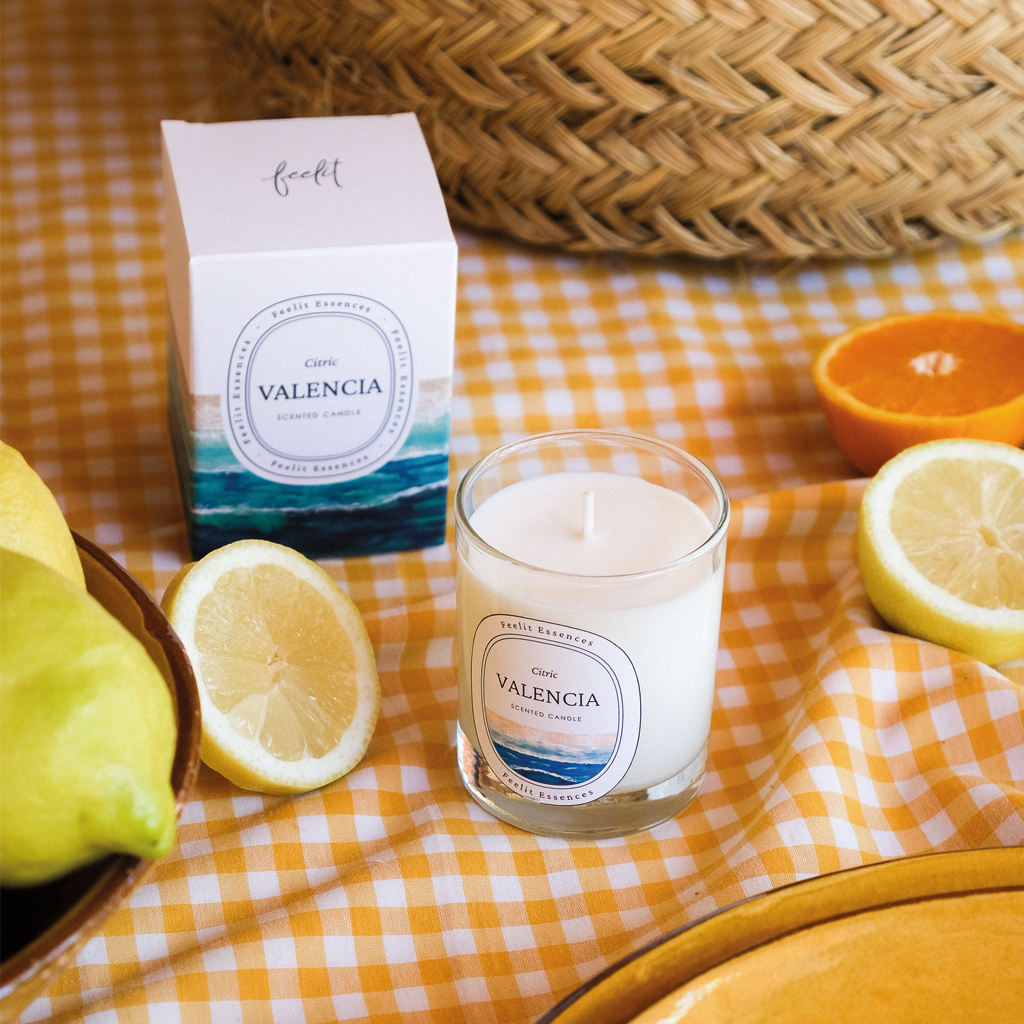 FEELIT-ESSENCES – Engroshandel Glaslys – Duftlys med sojavoks, citrusaroma, Valencia 180 g1