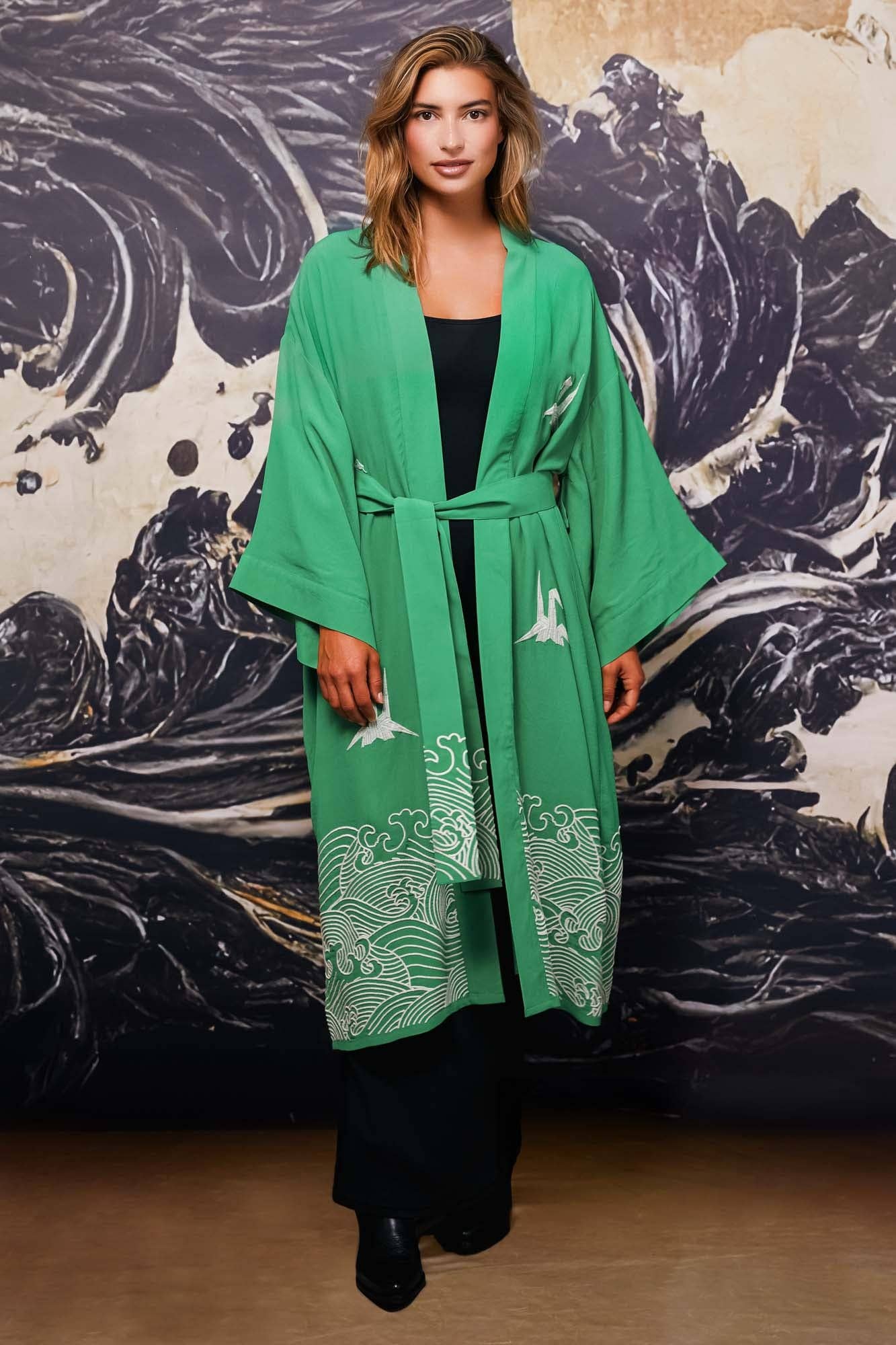 Artemis Muse – wholesale Kimono – Women's – Origami and Hokusai Wave Embroidered Fully Lined Island Green Long Kimono3