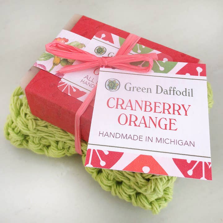 Green Daffodil Bath & Body - Wholesale Soap Set - Cranberry Orange Soap & Washcloth Gift Set - Christmas