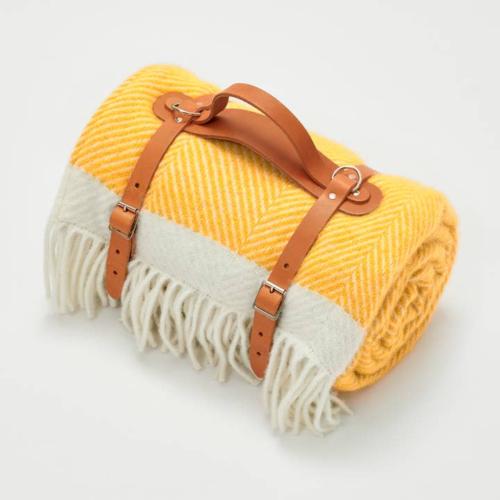 Yellow Herringbone Wool Picnic Blanket for wholesale by Atlantic Blankets