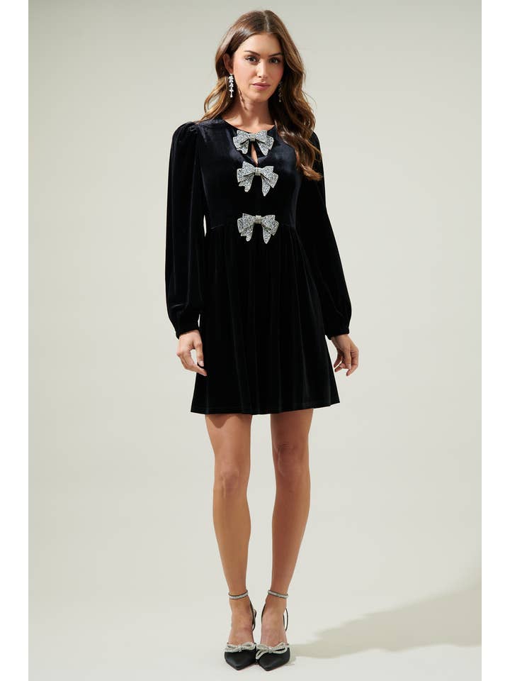 Black Glow Bow Velvet Mini Dress for wholesale on Faire