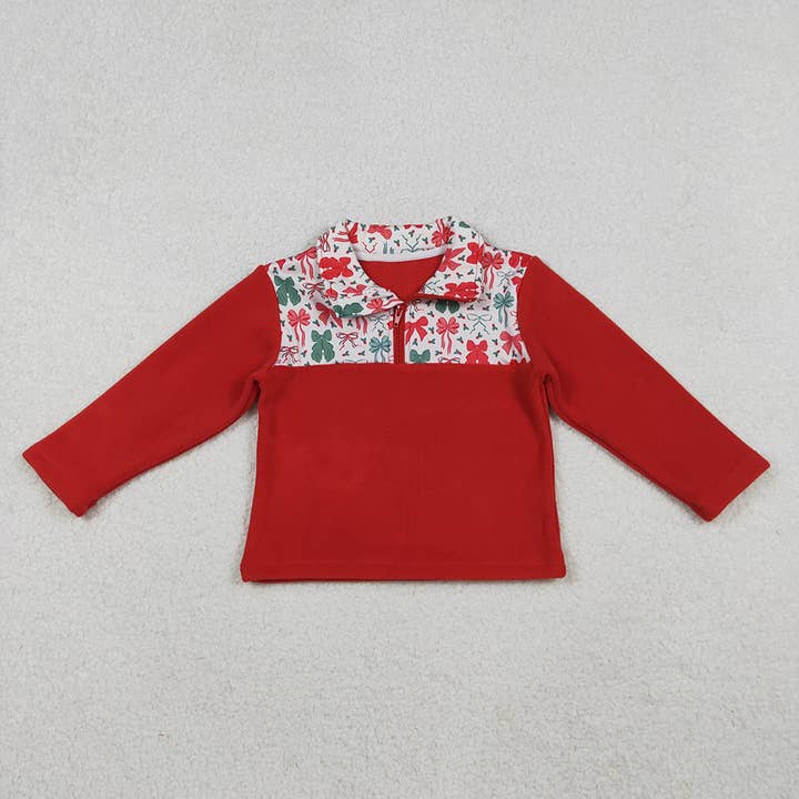 Baby Girls Red Green Bows Christmas Zipper Pullover Top for wholesale by Aier Wholesale