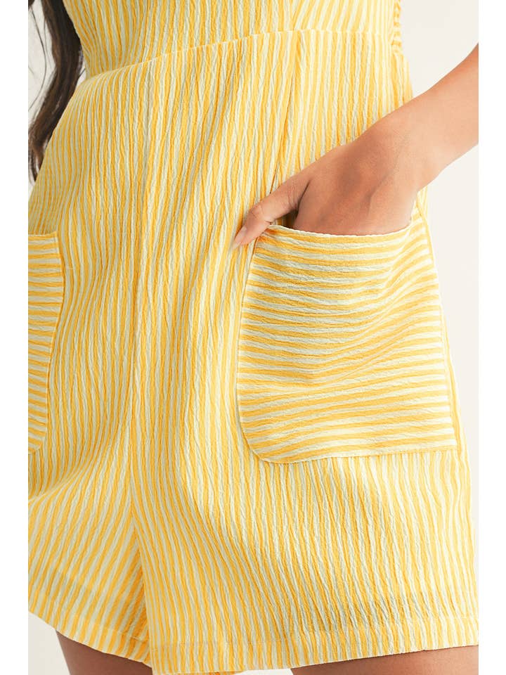 Yellow LDC Stripe Shoulder Tie Smocked Back Wide Leg Casual Romper for wholesale on Faire