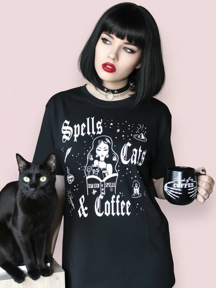 Spells Cats & Coffee Graphic Gothic Tee for wholesale by Demi Loon