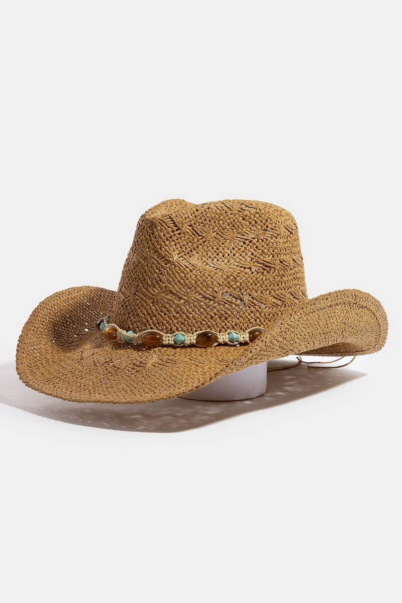 Collections by Fame Accessories - Wholesale Straw Hat - Women's - Mixed Beaded And Rope Western Fedora Straw Hat