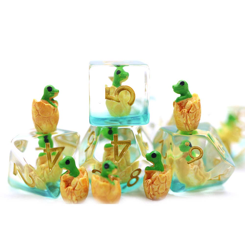 Tabletop Dominion Limited - Wholesale Dice - Green Hatchling Dragon | Resin Inclusion Dice | 7 Piece Set1