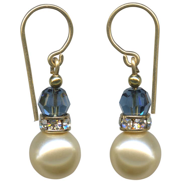 BELLS 15 - PEARL COATED CRYSTAL EARRINGS, INDIGO BLUE, GOLD for wholesale by Owen Glass Collection