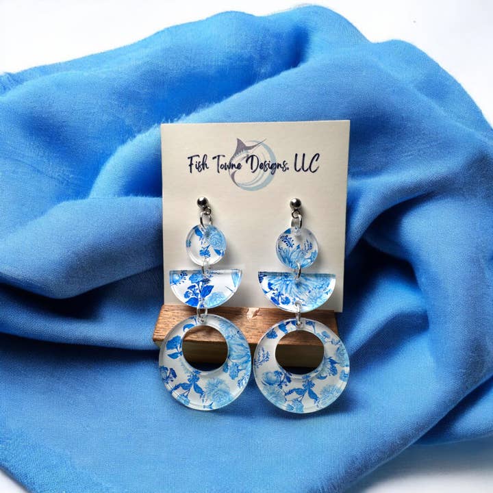 Fish Towne Designs, LLC - Wholesale Dangle Earrings - Santorini-Inspired Blue Floral Acrylic Statement Earrings3