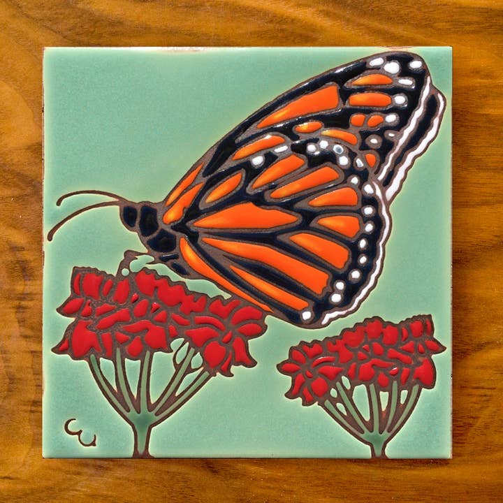 Monarch with Milkweed Art Tile Trivet for wholesale by Carly Quinn Designs