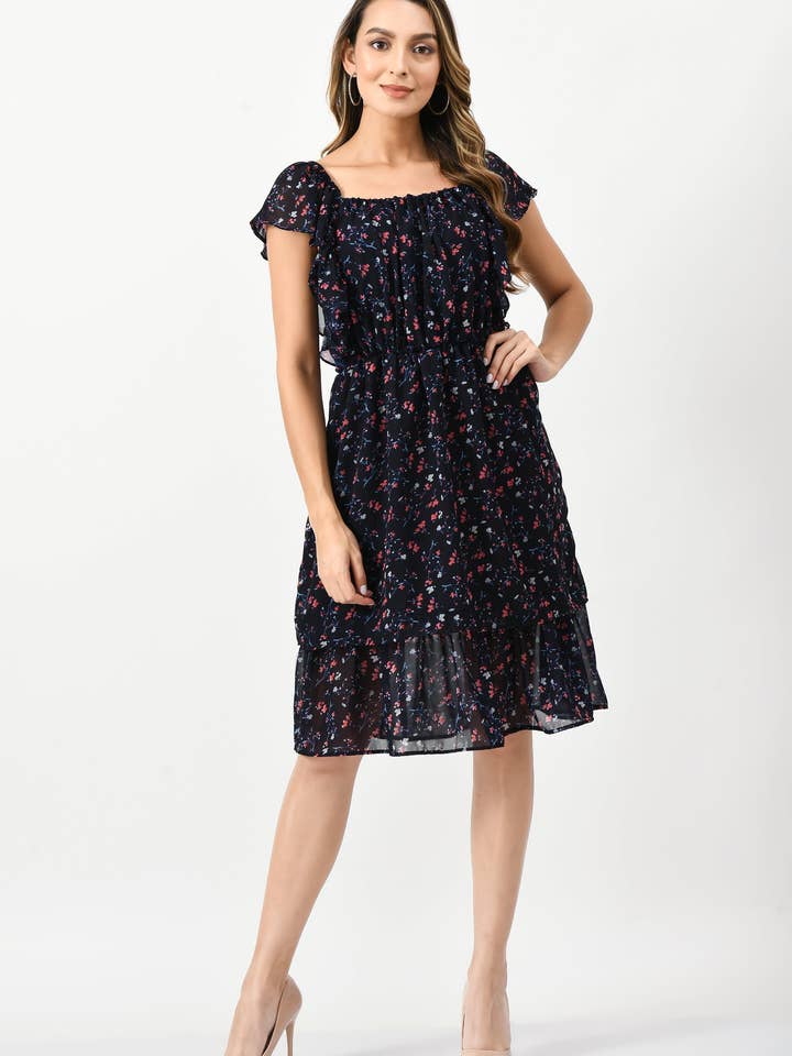 Marineblaues Kurzarmkleid mit Blumenmuster für den Großhandel von STYLE INSTANT