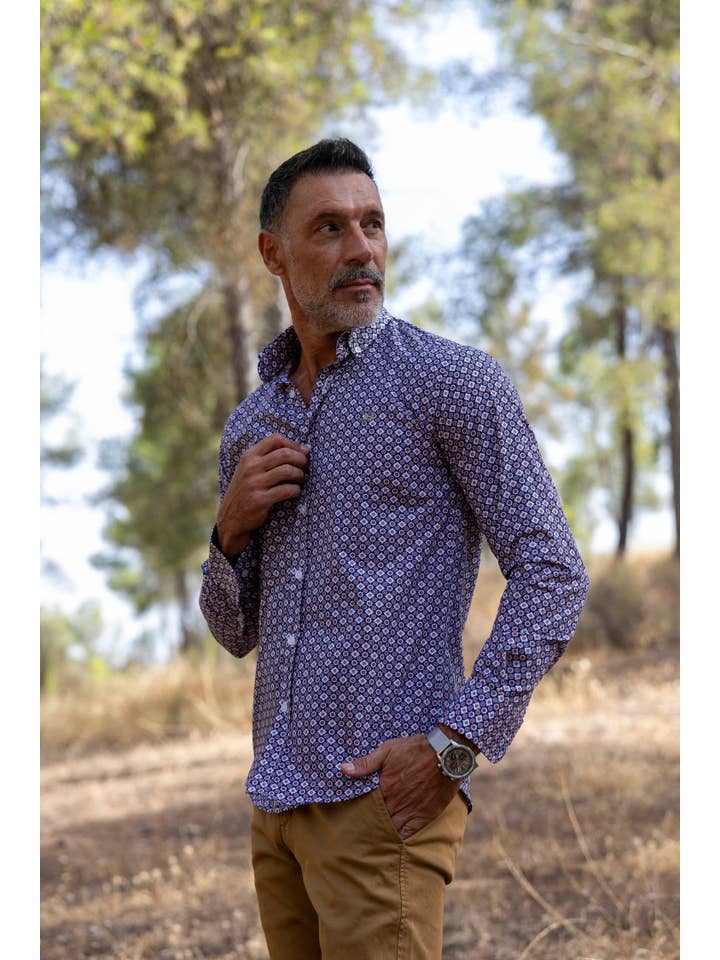 Custi Mikelo: Men's Clothing & Christmas Gifts - Wholesale Button Down Shirt - Men's - Blue Orange Printed Shirt | Fuenlabrada1