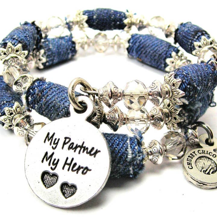 My Partner My Hero Blue Jean Beaded Wrap Bracelet Marriage for wholesale by Chubby Chico Charms