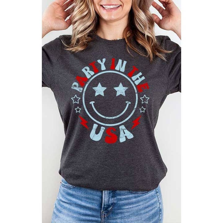 Party in the USA Smiley Patriotic Graphic T-Shirt mit Aufdruck am 4. Juli für den Großhandel von Select Apparel