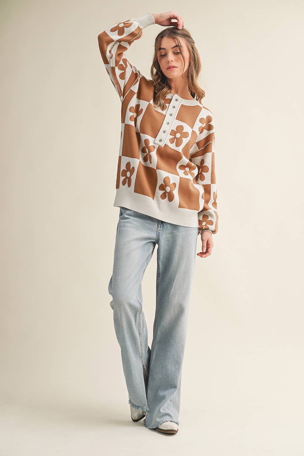 Aapparella - Vente Pull en maille – femme - Cardigan à boutons avec blocs de couleur à carreaux et fleurs | S-XL10