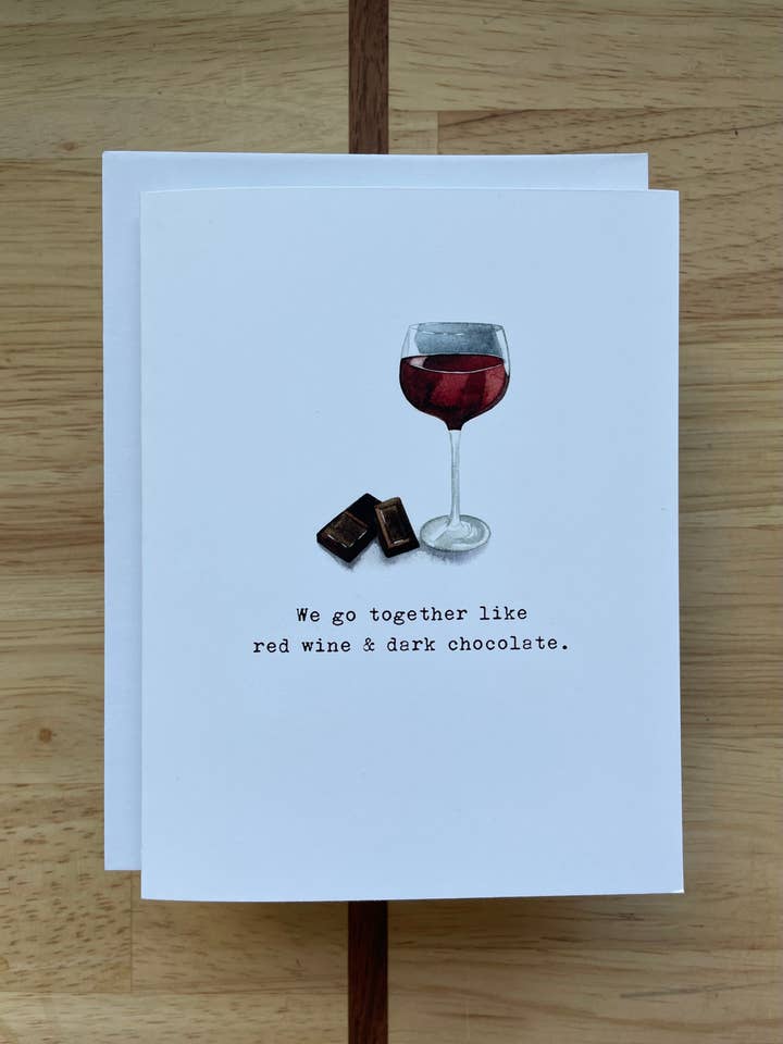 We Go Together - Wine & Chocolate - Wenskaart met aquarel voor wholesale door Kristin Schmidt Artist