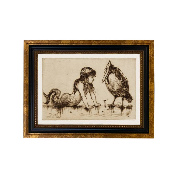 Madison Bay Co. - Historical Home Decor Reproductions - Wholesale Art Print - Child Mermaid and Pelican Reproduction Print Behind Glass