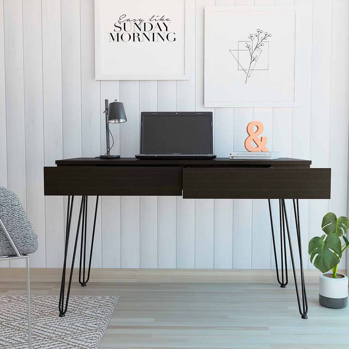 TUHOME FURNITURE – material de secretária por atacado – Secretária de Escrita Mumbai, Quatro Pernas, Duas Gavetas3