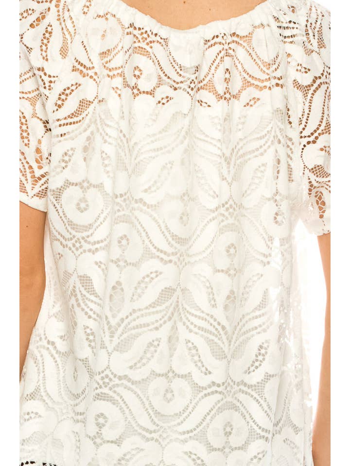 Grand & Greene White Lace Short Sleeve Elastic Boat Neckline Top for wholesale on Faire