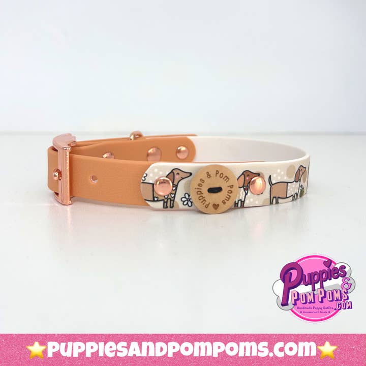 Puppies & Pom Poms - Wholesale Pet Collar - Dog - Bee Happy Dachshunds - Handmade Biothane Dog Collar - Tan12