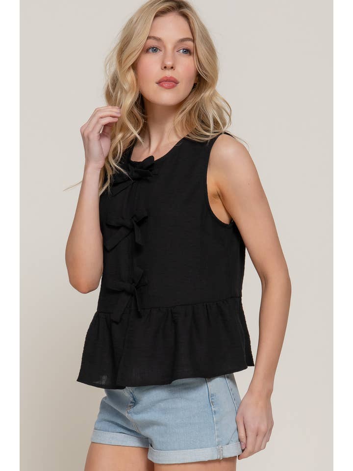 Active Basic | Active USA - Wholesale Tank Top - Women's - Sleeveless Front Bow Tie Linen Effect Top