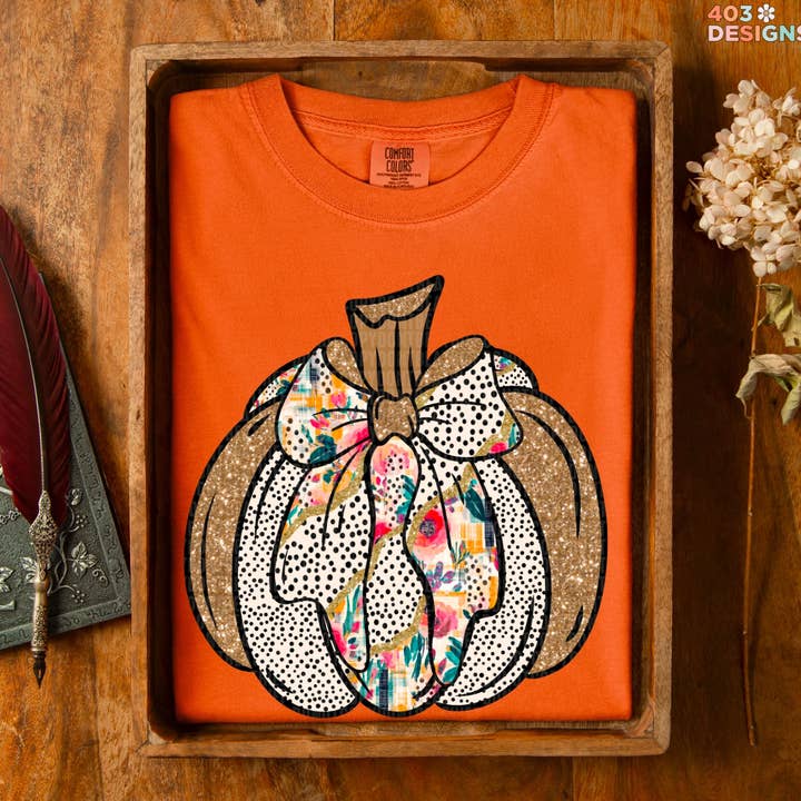 Fall Pumpkin Bow Tee – Cute Autumn Comfort Colors T-Shirt for wholesale by 403 Designs
