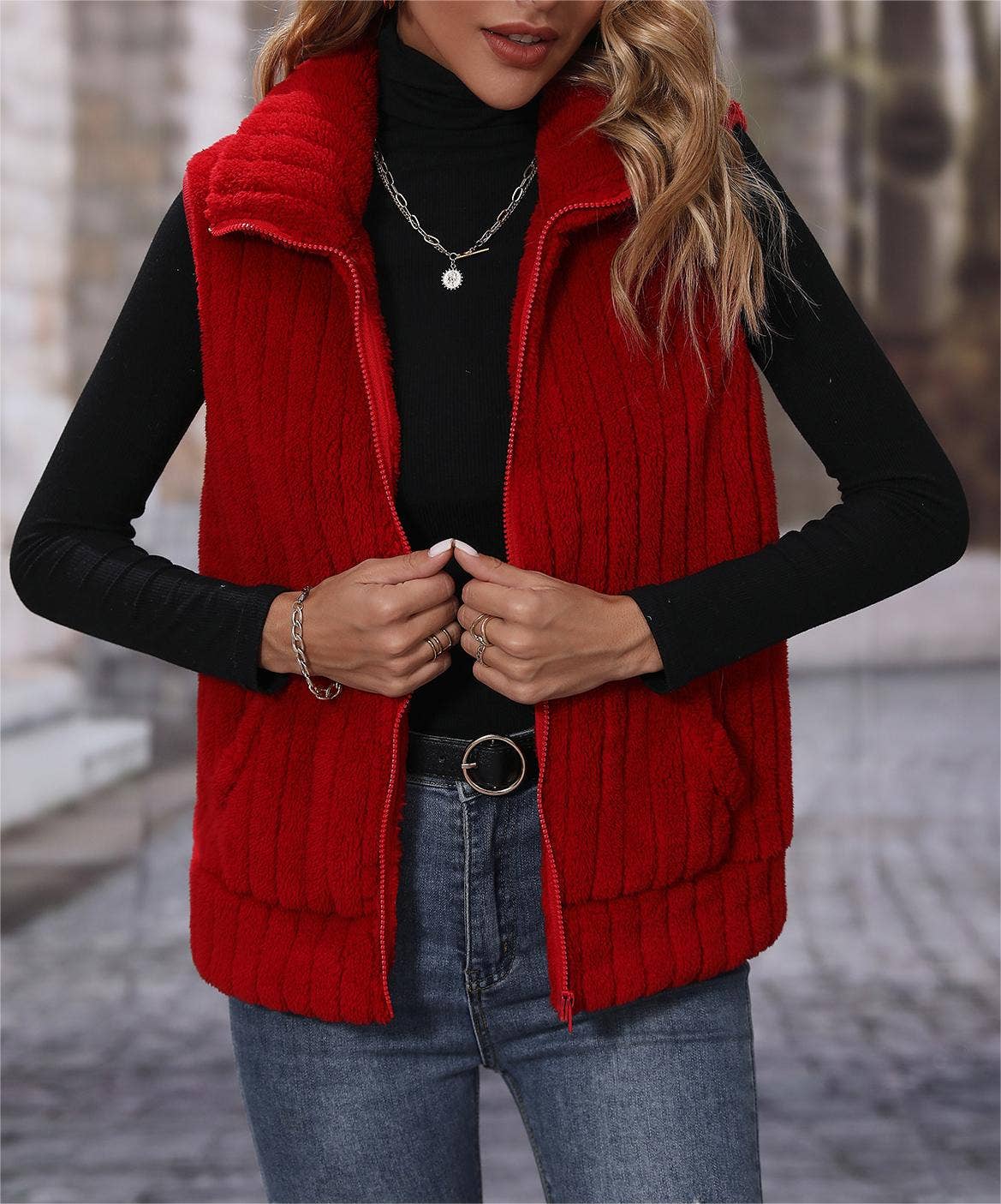 Rosa Clothing - Wholesale Outerwear Vest - Women's - Sherpa plush fleece zip outerwear vest8