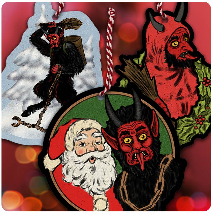 Set van 3 Krampus-kerstversieringen in retrostijl voor wholesale door Ryan Dowell Art