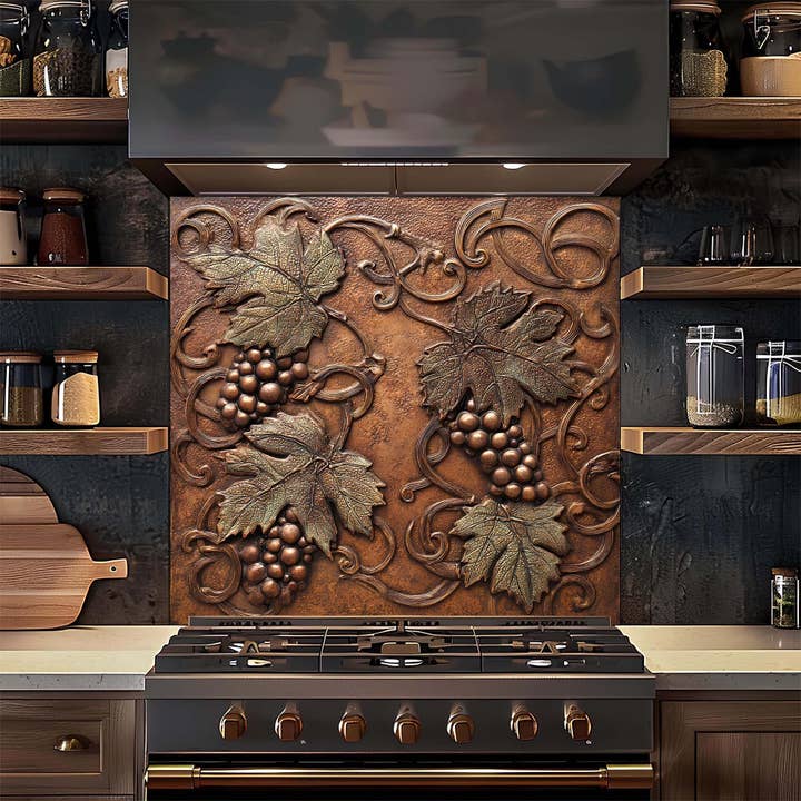 Grape Vine Relief – Tempered Glass Backsplash for Kitchen – Copper Look Glass Splashback for wholesale by Glass Kitchen Backsplash