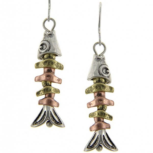 0011 PREMIERE - Wholesale Dangle Earrings - FR3232 Silver Burnished_Copper 3D Fish Bone Skeleton Earring